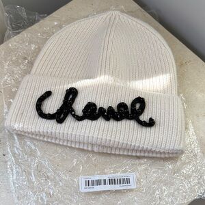 “CHANEL” Ivory Knit Beanie with Black Script - Made in China NOT REAL
